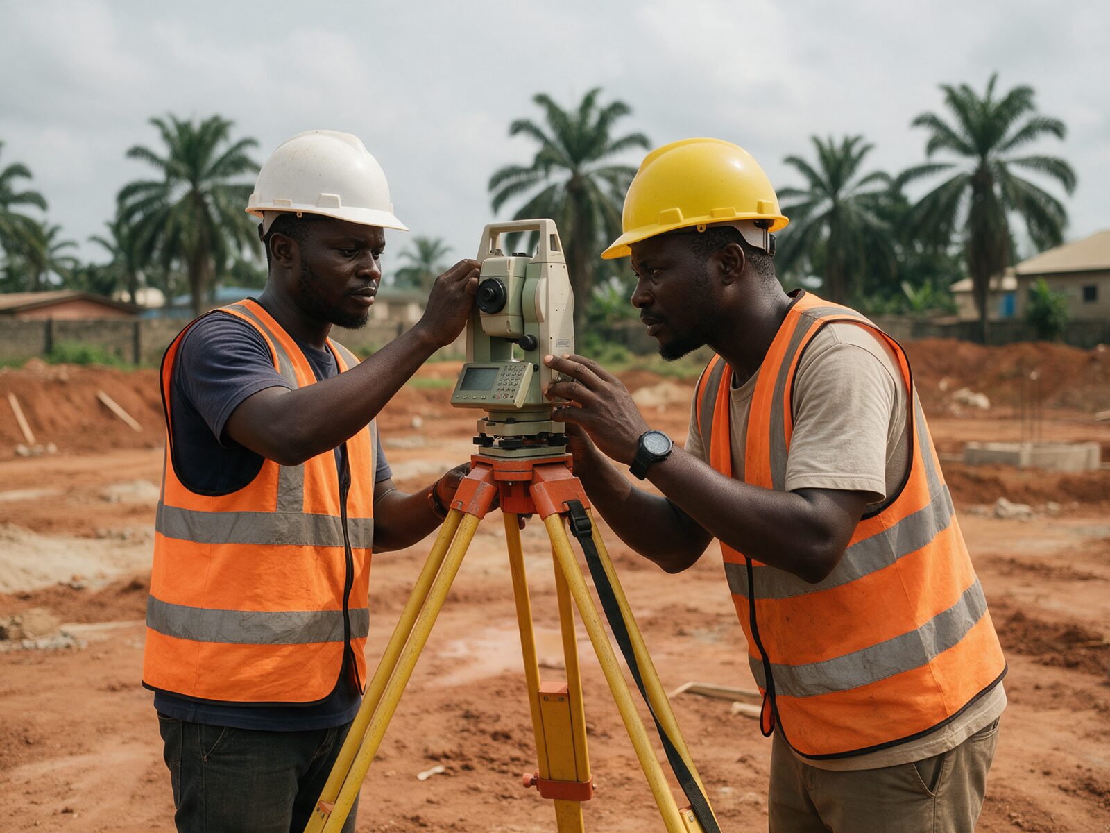 Two surveyors setting up a total station on a tripod at a construction site