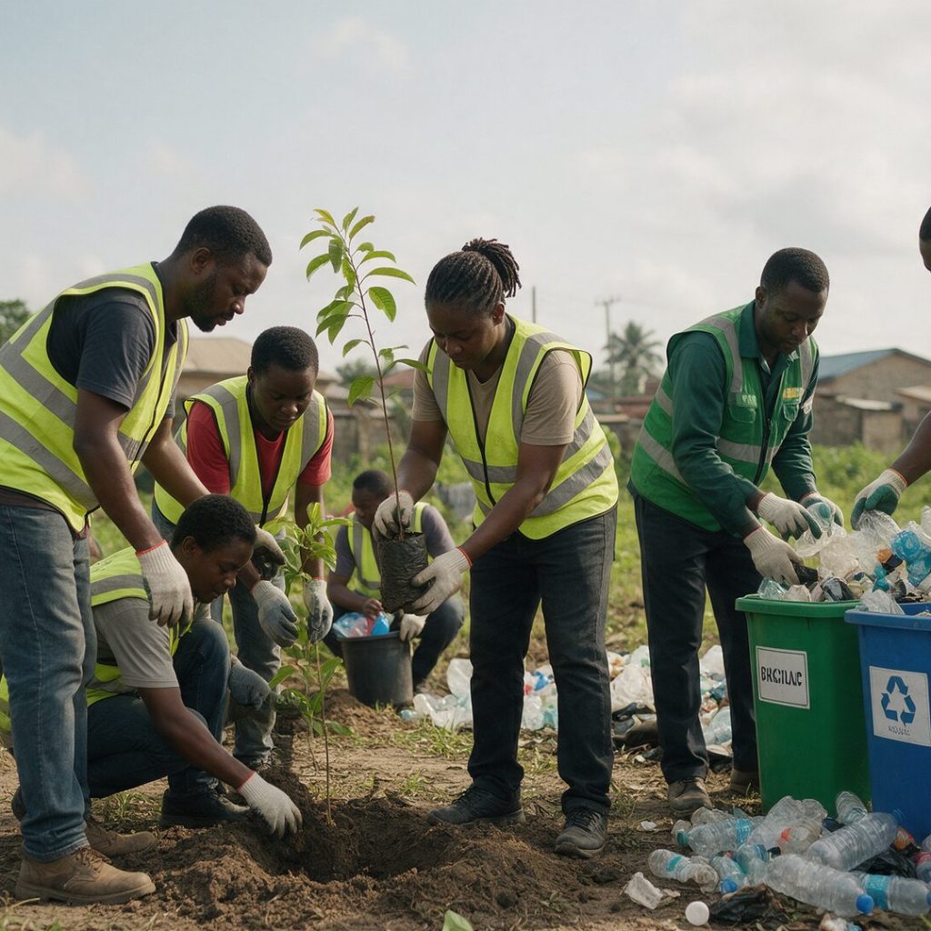 Volunteers planting trees and sorting recycling